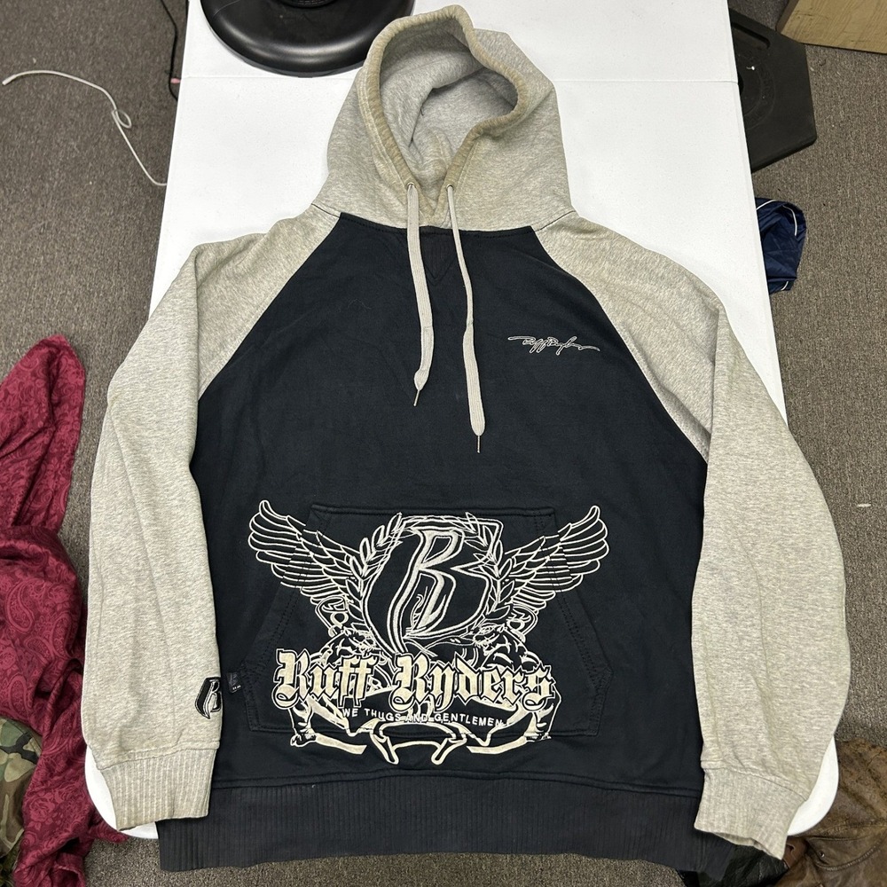 Ruff Ryders Hoodie Mens XL Black Grey Raglan Graphic Pullover Y2K Streetwear
